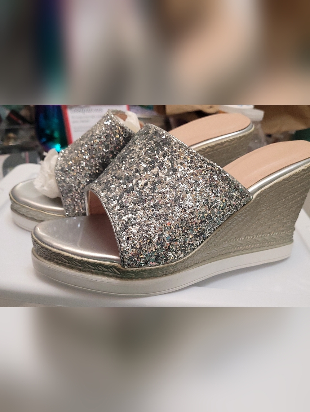 Silver Glitter Wedge Mules With Rope-look Trim, Size 37, New, Never Worn.
